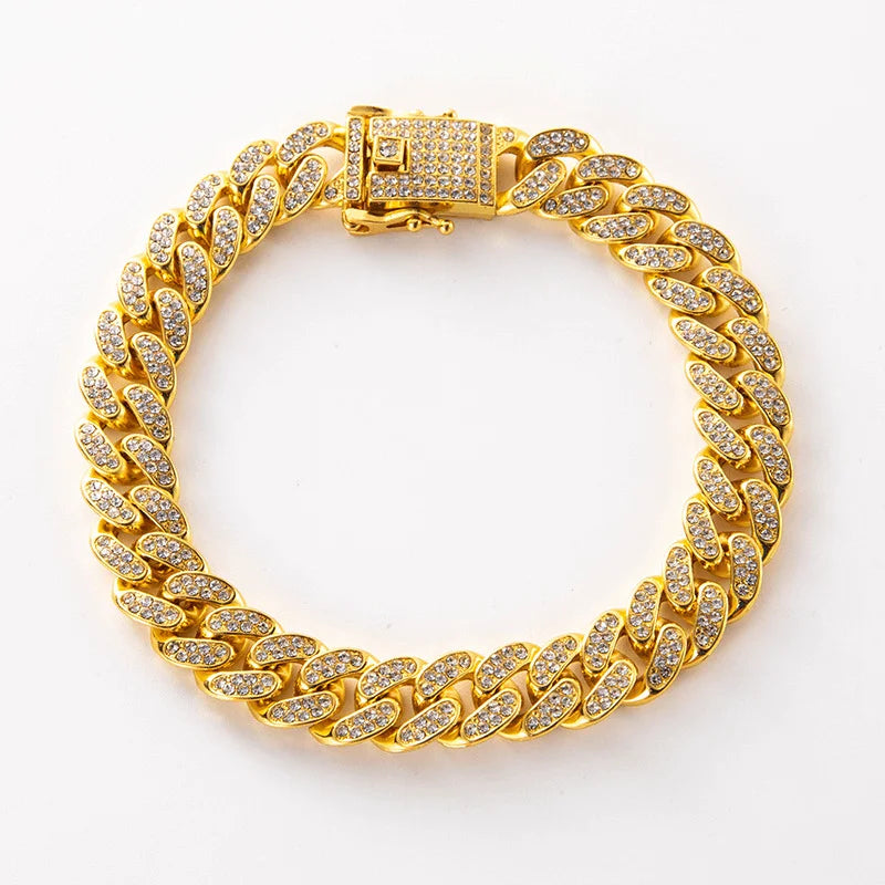 Velvet Cuban Chain Dog Collar — Gold Diamond Inlay Stainless Steel Luxury Collar | All Sizes